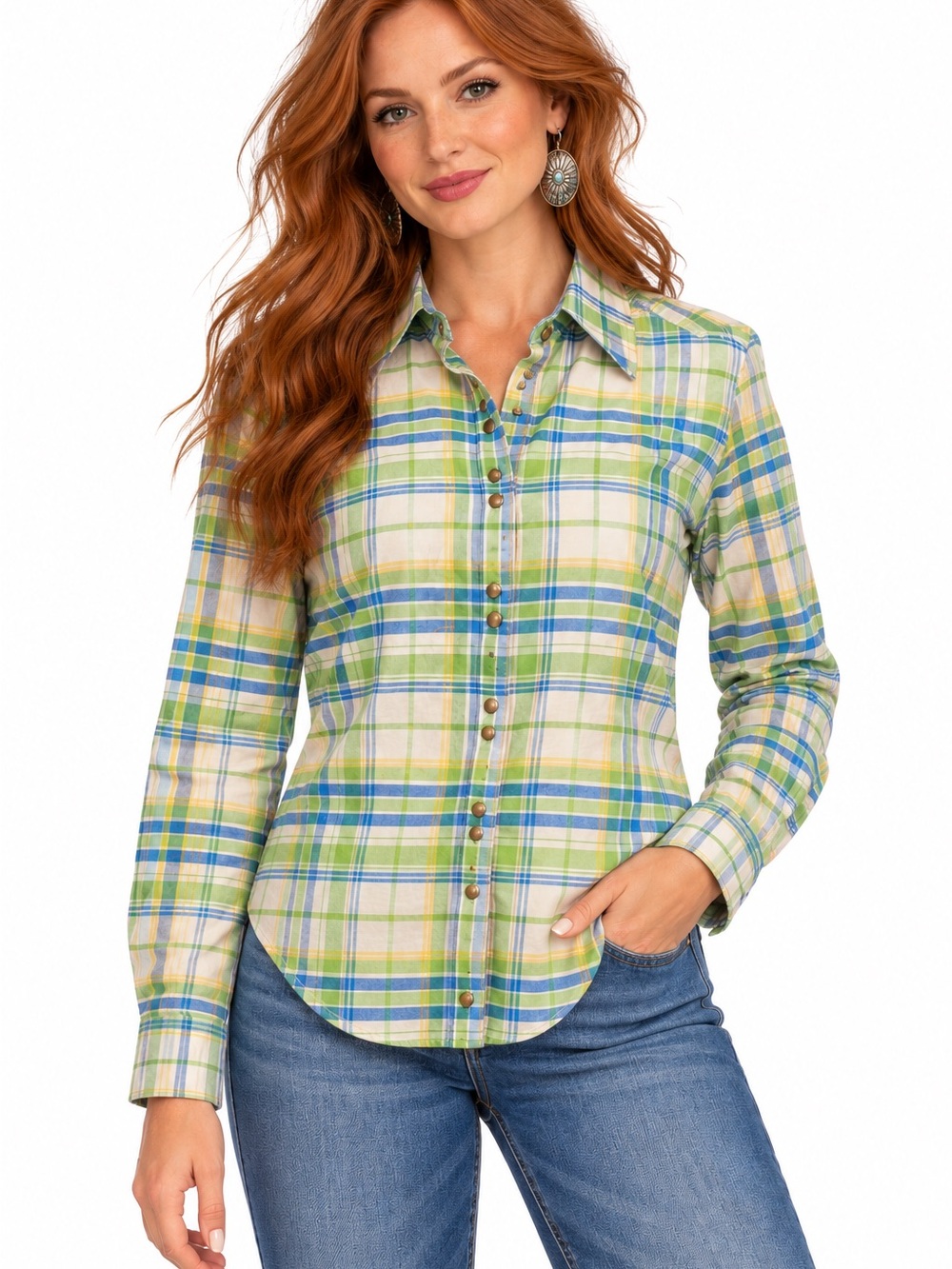Rockies Green Blue White Plaid Button-Down Shirt Double Gem Snaps
